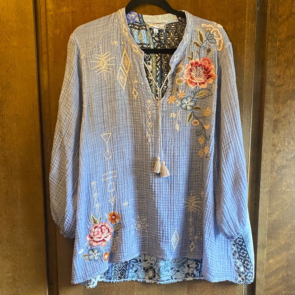 Johnny Was Blue Floral Embroidered Blouse